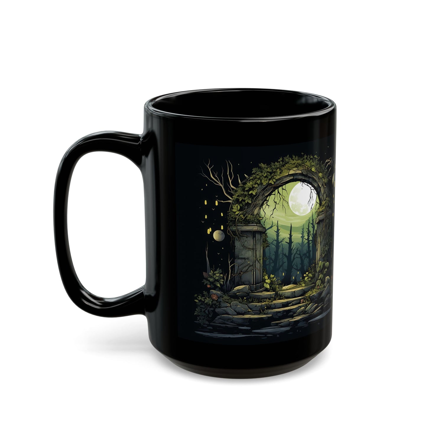 Enchanted Moonlit Gate Black Mug — Fantasy Forest Coffee Cup (11oz/15oz)