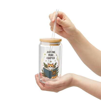 16oz Glass Sipper - "Just One More Chapter" Reading Cat Design