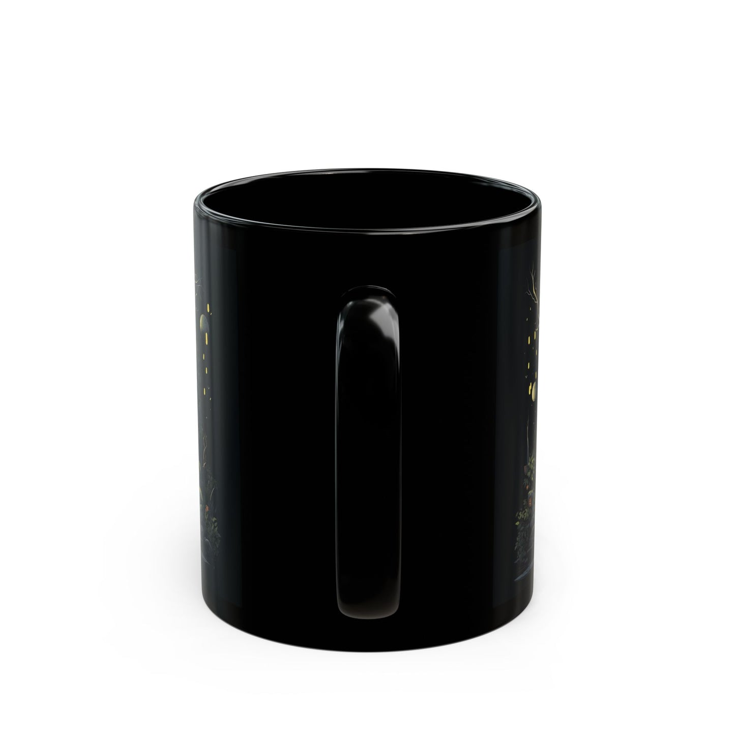 Enchanted Moonlit Gate Black Mug — Fantasy Forest Coffee Cup (11oz/15oz)