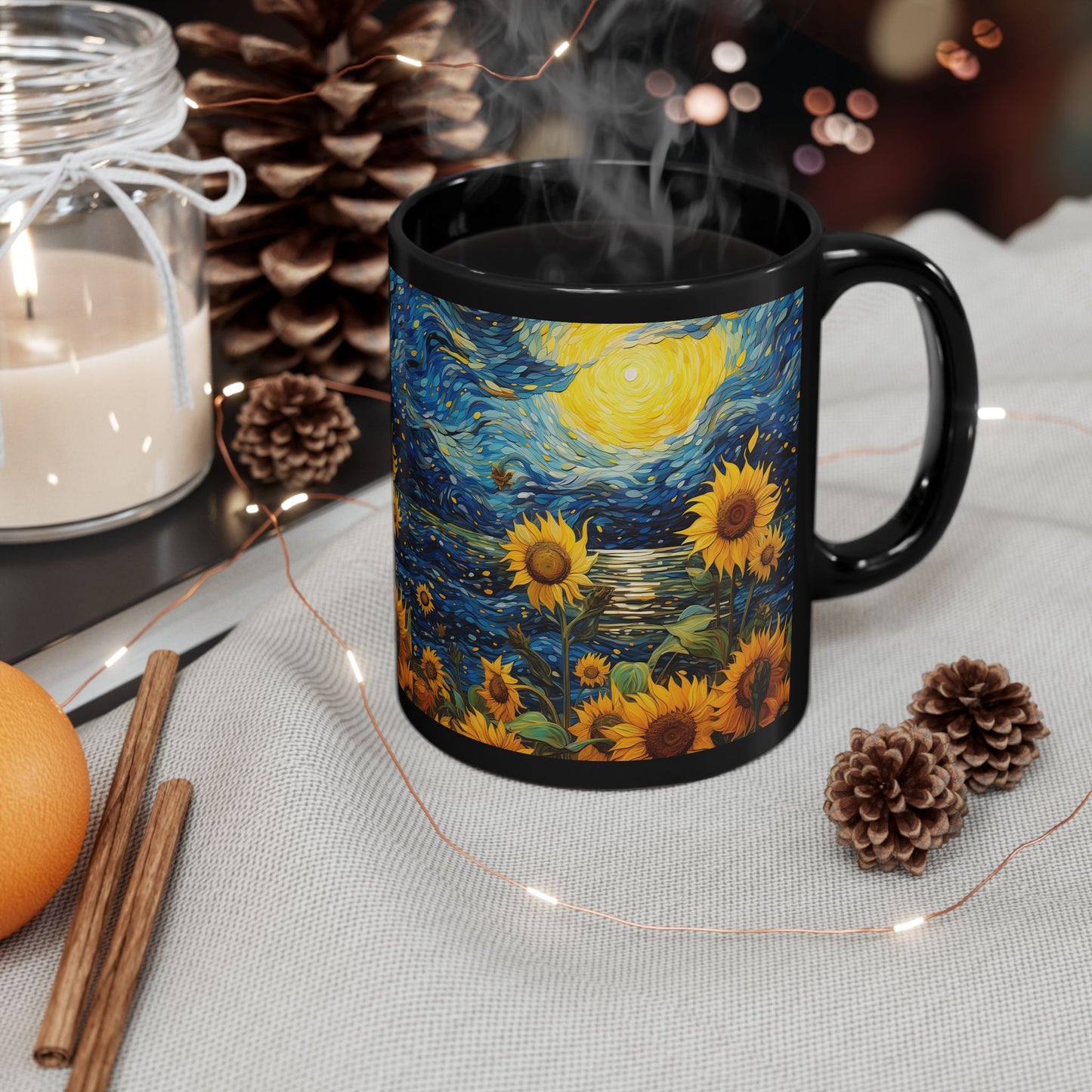 Sunflower Starry Night Black Mug — Van Gogh Style Coffee Cup (11oz, 15oz)