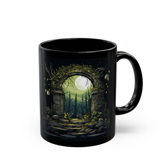 Enchanted Moonlit Gate Black Mug — Fantasy Forest Coffee Cup (11oz/15oz)