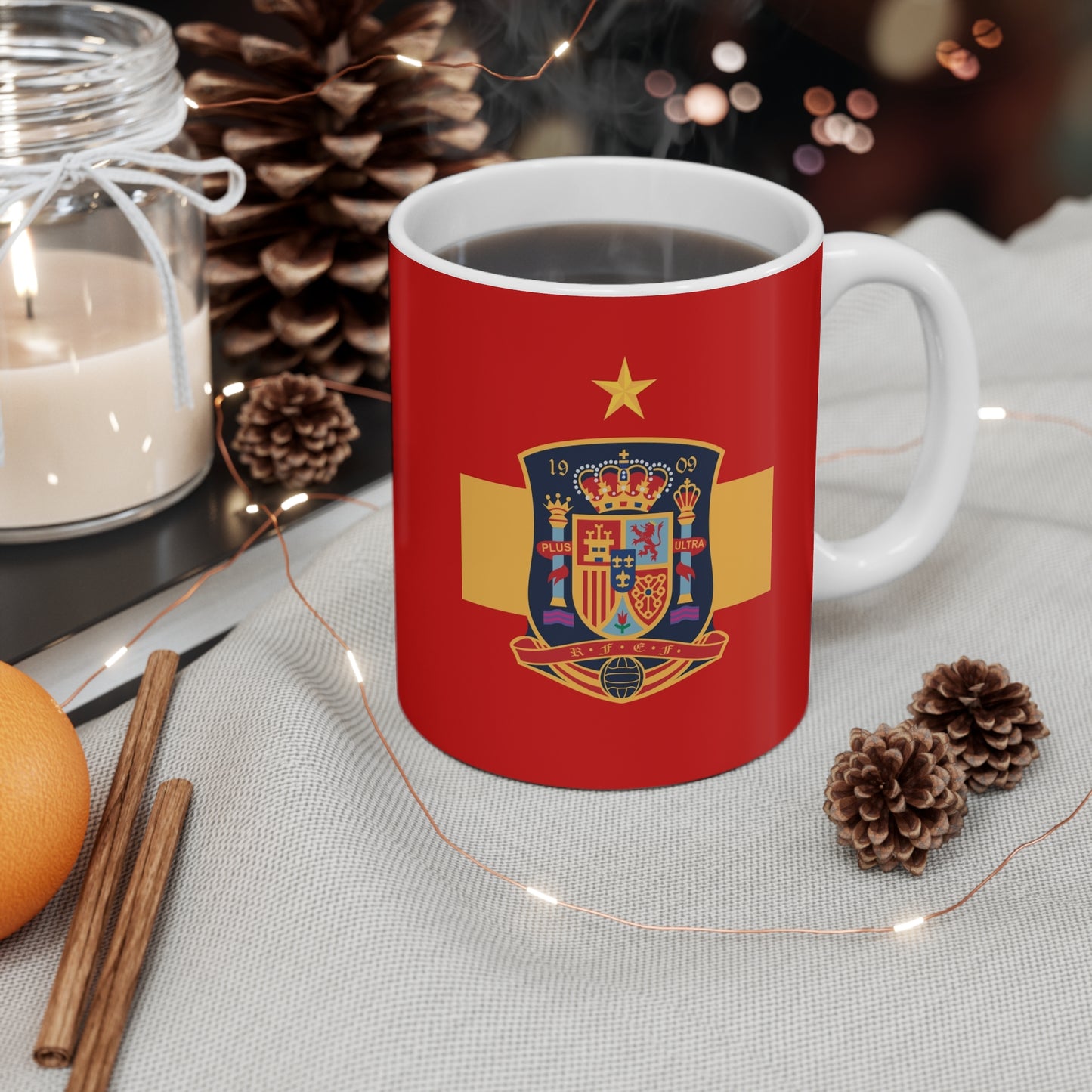 Spain Football Crest 11oz Mug — Spanish National Team Soccer Emblem on Red