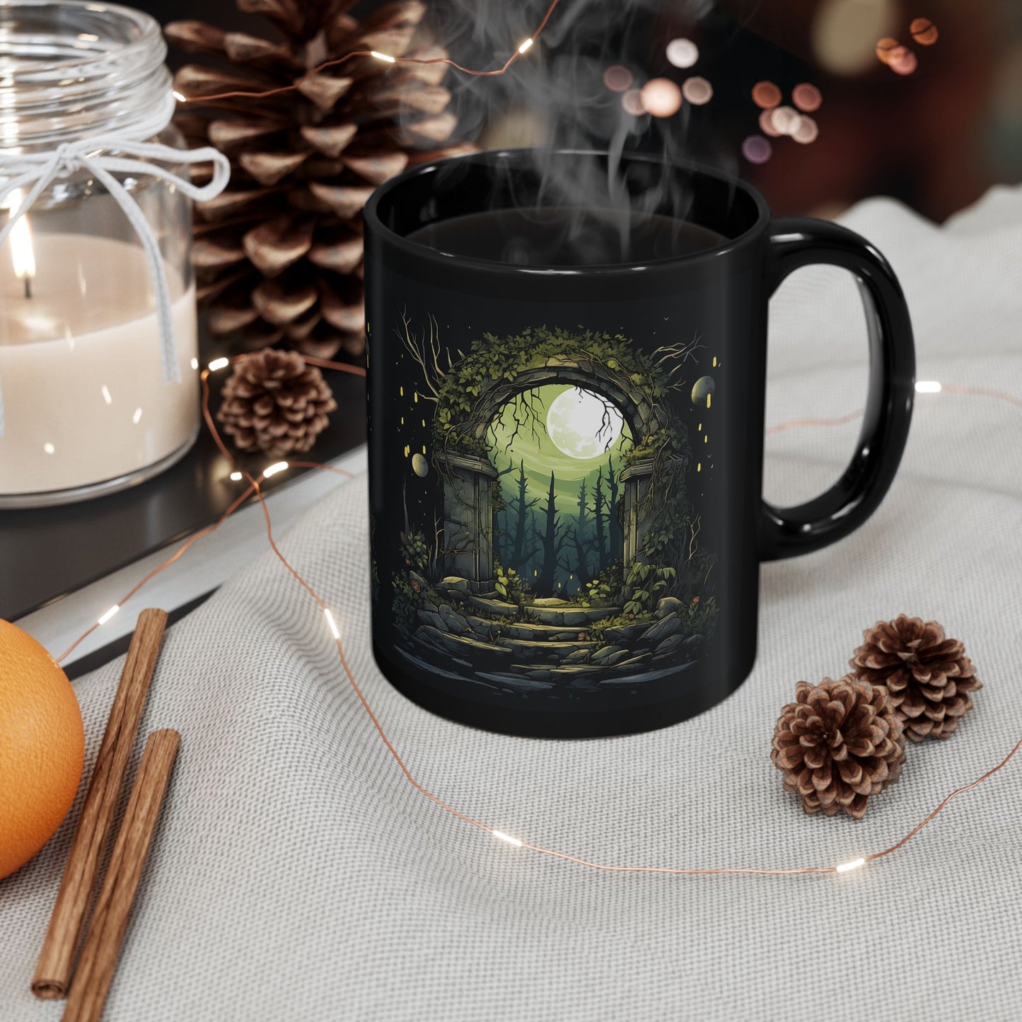 Enchanted Moonlit Gate Black Mug — Fantasy Forest Coffee Cup (11oz/15oz)