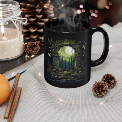 Enchanted Moonlit Gate Black Mug — Fantasy Forest Coffee Cup (11oz/15oz)