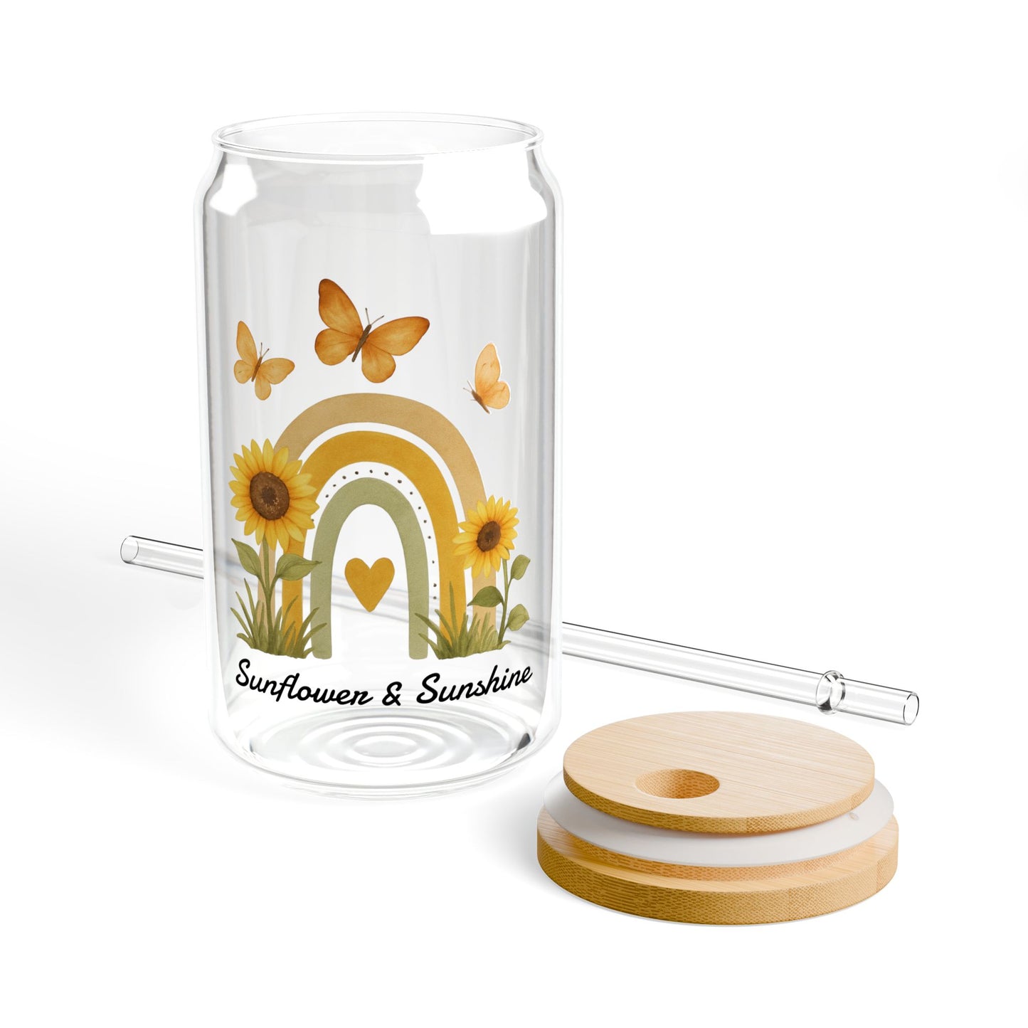 Sunflower & Sunshine 16oz Glass Sipper with Bamboo Lid