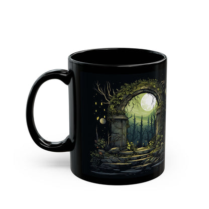 Enchanted Moonlit Gate Black Mug — Fantasy Forest Coffee Cup (11oz/15oz)