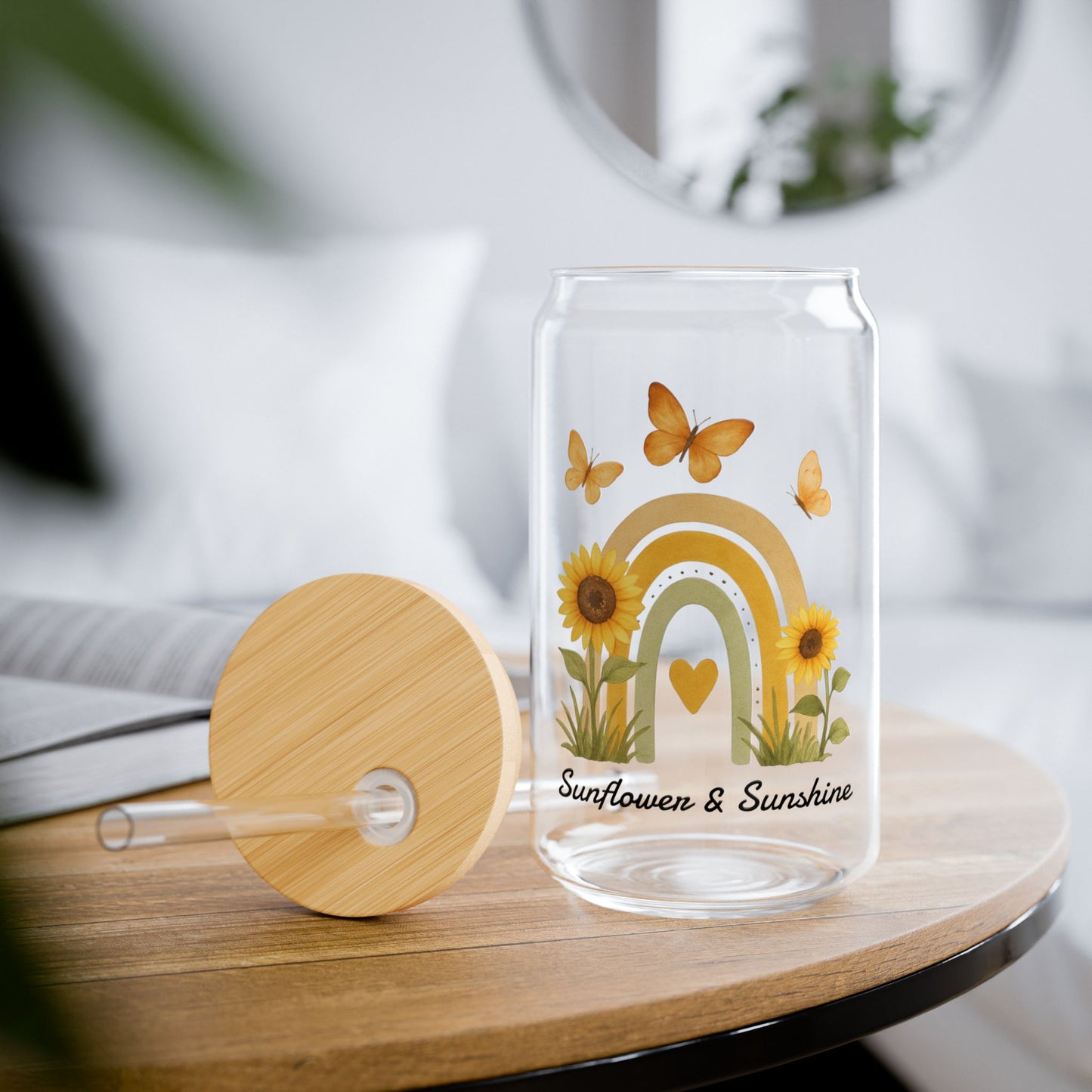 Sunflower & Sunshine 16oz Glass Sipper with Bamboo Lid