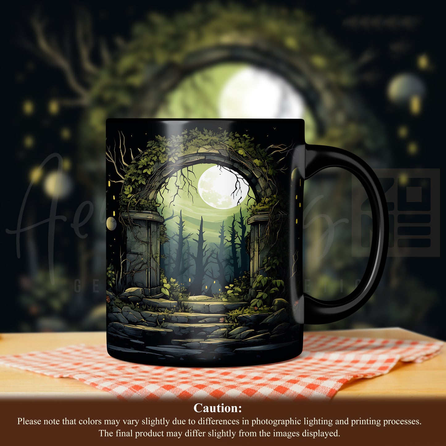 Enchanted Moonlit Gate Black Mug — Fantasy Forest Coffee Cup (11oz/15oz)