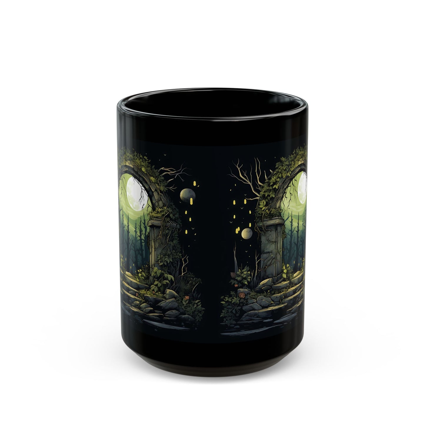 Enchanted Moonlit Gate Black Mug — Fantasy Forest Coffee Cup (11oz/15oz)