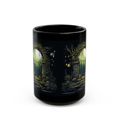 Enchanted Moonlit Gate Black Mug — Fantasy Forest Coffee Cup (11oz/15oz)