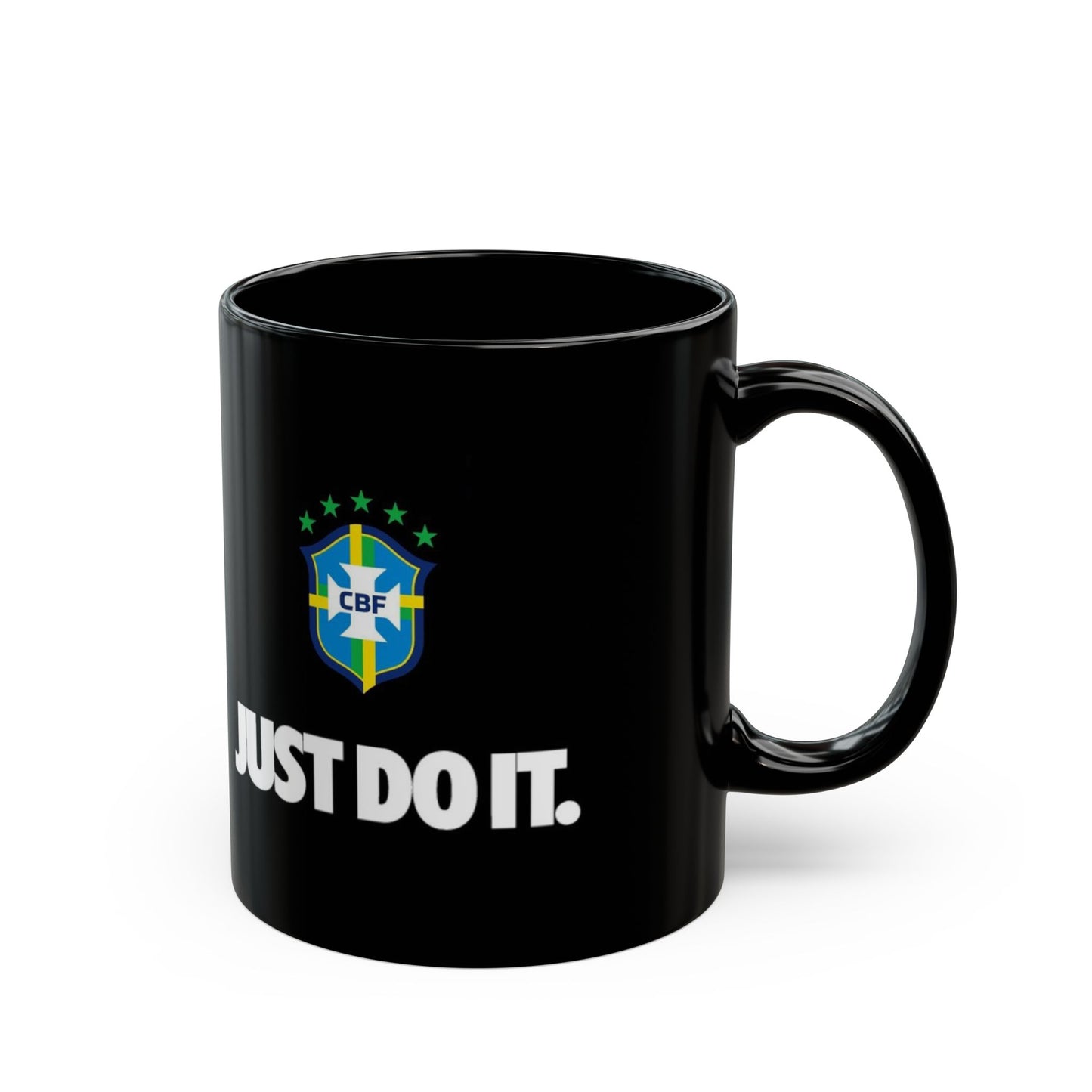 Brazil Flag & CBF Crest Black Mug —  Soccer Fan Coffee Cup