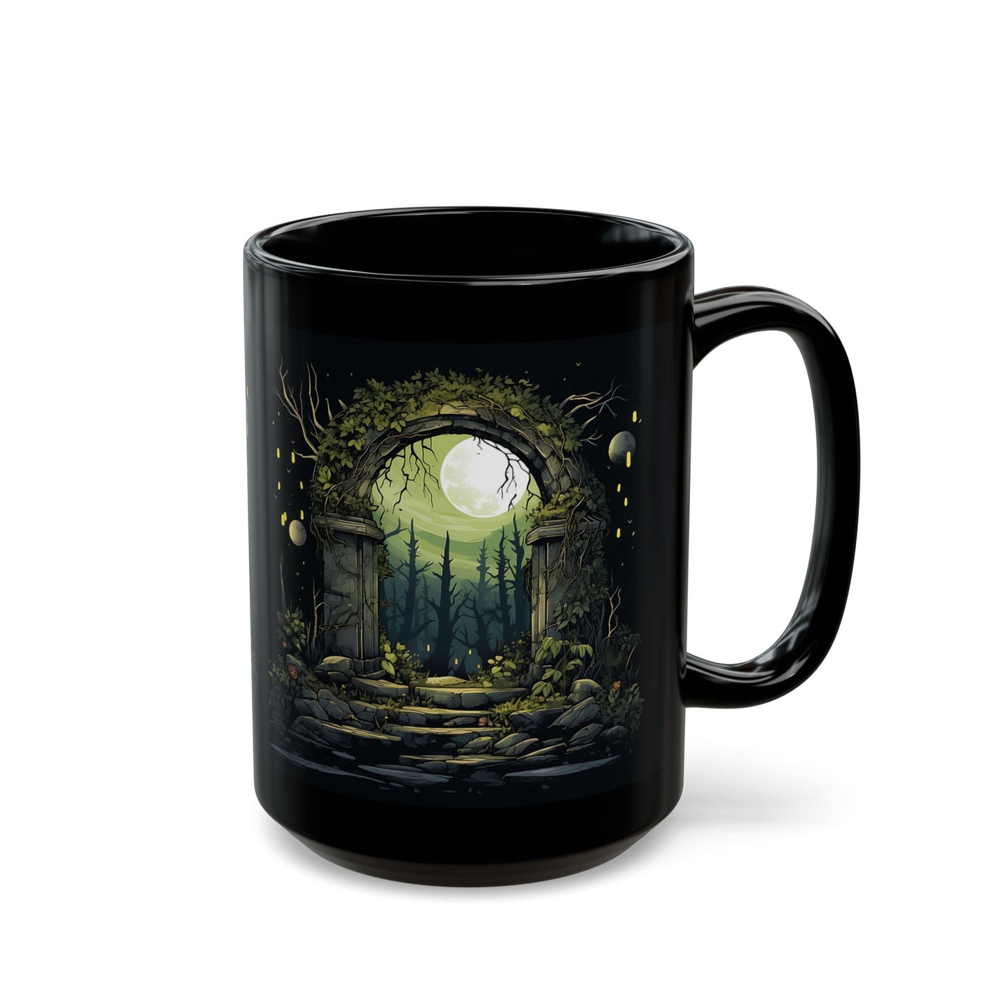 Enchanted Moonlit Gate Black Mug — Fantasy Forest Coffee Cup (11oz/15oz)