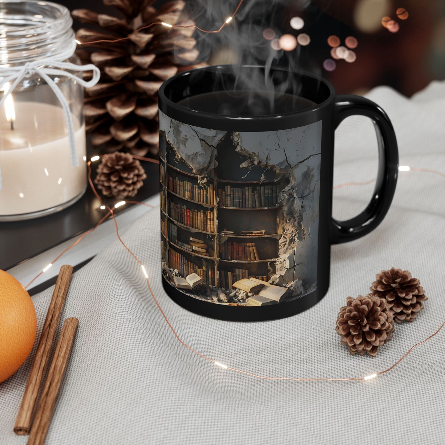 3D Bookshelf Coffee Mug — Black Ceramic (11oz, 15oz)