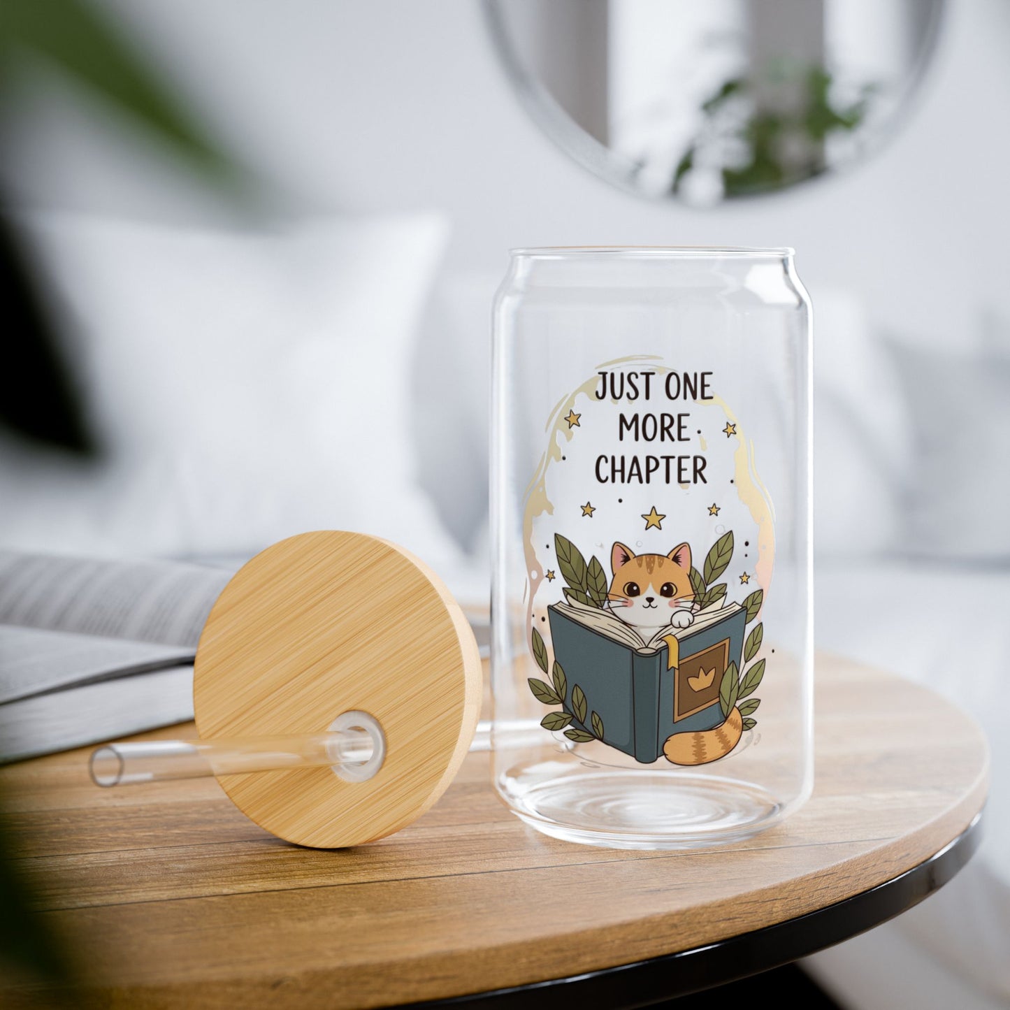 16oz Glass Sipper - "Just One More Chapter" Reading Cat Design