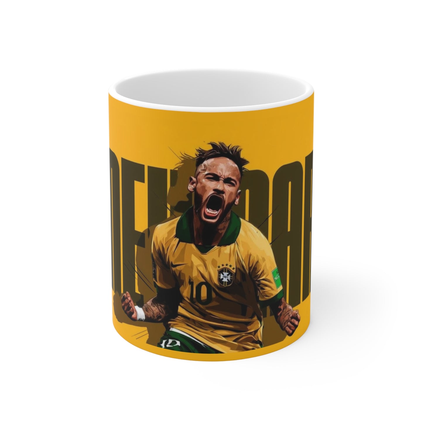 Yellow Soccer Player Graphic Mug — Energetic Football Fan Gift