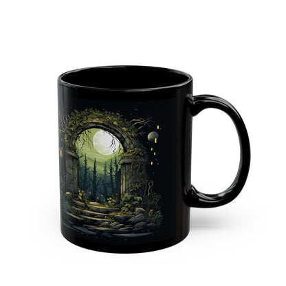 Enchanted Moonlit Gate Black Mug — Fantasy Forest Coffee Cup (11oz/15oz)