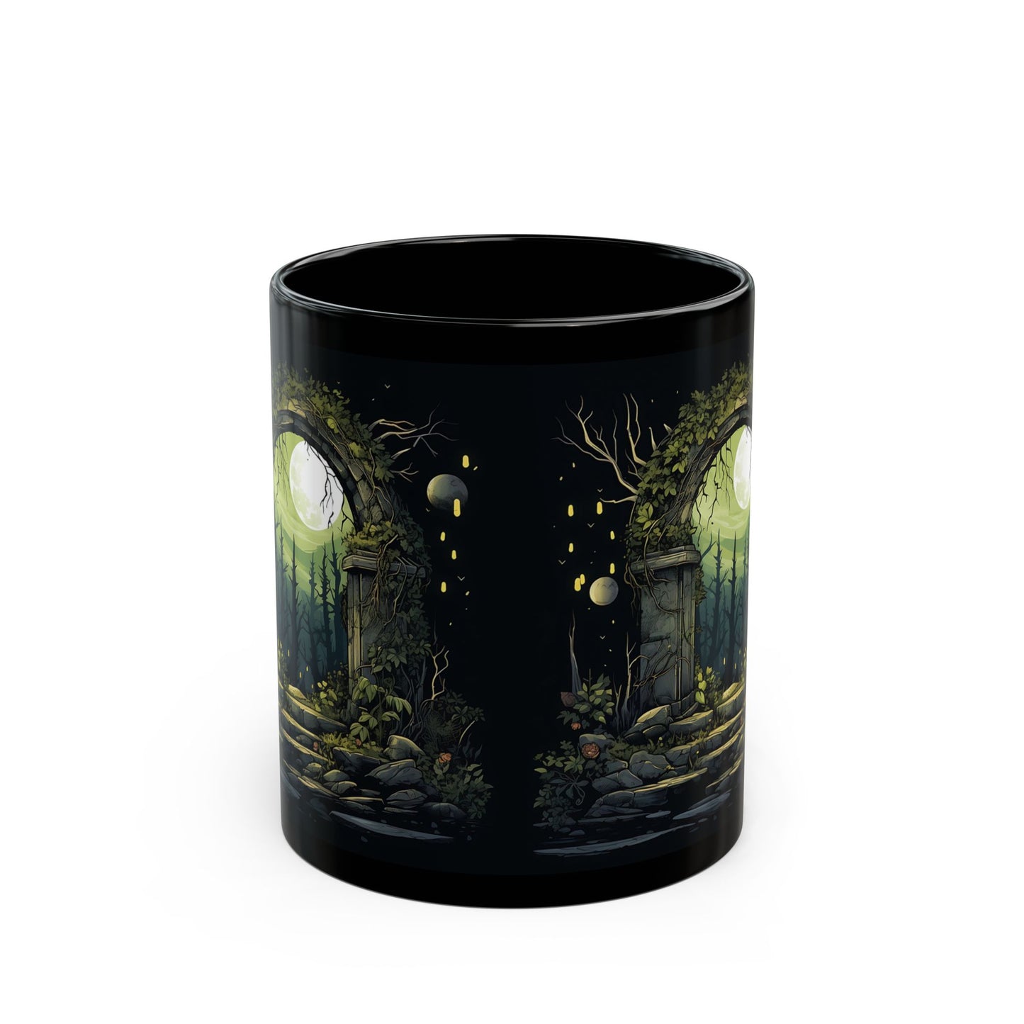 Enchanted Moonlit Gate Black Mug — Fantasy Forest Coffee Cup (11oz/15oz)