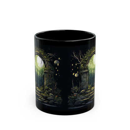 Enchanted Moonlit Gate Black Mug — Fantasy Forest Coffee Cup (11oz/15oz)